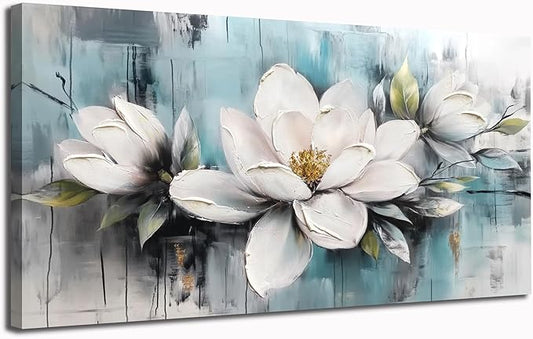 Ardemy Magnolia Wall Art for Living Room, Extra Large White Floral Canvas Wall Art Bedroom Painting Pictures Wall Decor Teal Flower Artwork for Walls Home Office Dining Room, 40"x20"