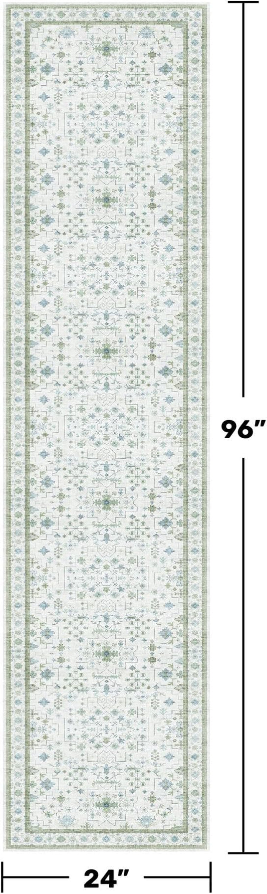 Washable Oushak 2x8 Bathroom Runner Rug - Vintage Turkish Floral 8ft Long Low Pile Non Slip Runners for Kitchen, Hallway - Cream Blue and Green