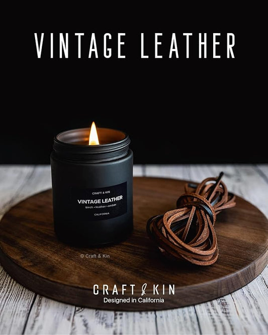 Craft & Kin Premium Vintage Leather Candle | Black Scented Candles for Men | Long Lasting with 45 Hour Burn Time, 7.6oz | Soy Candles | Aromatherapy at Home | Gifts for Men