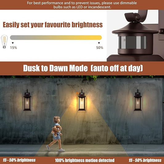 1-Pack 18 Inch Oil Rubbed Bronze Motion Sensor Outdoor Wall Lantern IP65 Waterproof, Large Brown Dusk to Dawn Outdoor Light for House Clear Glass Outside Wall Mounted Lamps Front Door