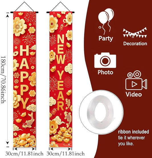 Nuxovilar Happy New Year Banner, 70.86" x 11.81" Red Gold Pattern Hanging Decorations for Outdoor Indoor Home Wall