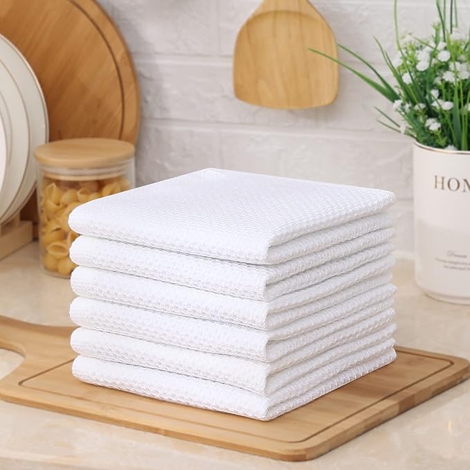 Kitinjoy 100% Cotton Kitchen Dish Cloths, 8 Pack Waffle Weave Ultra Soft Absorbent Dish Towels for Drying Dishes Quick Drying Kitchen Towels Dish Rags, 12 X 12Inch, White