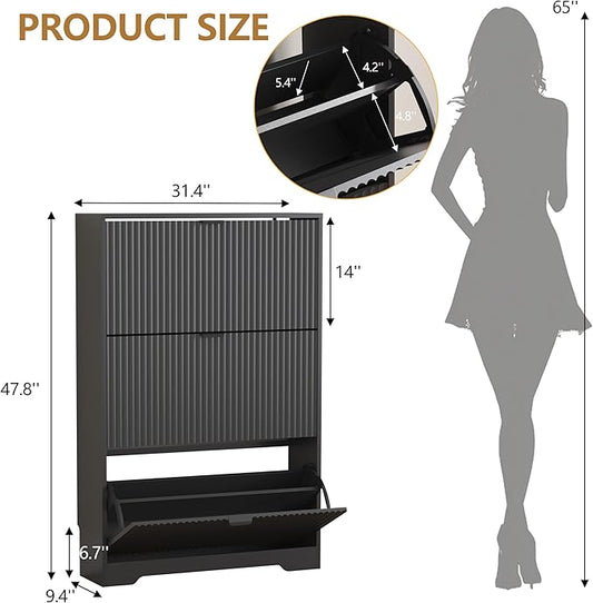 Shoe Cabinet Storage for Entryway with 3 Flip Drawers, Black Fluted Shoe Cabinet with Adjustable Shelves, Wooden Hidden Shoe Rack Freestanding Narrow Slim Shoes Storage for Hallway, Entrance