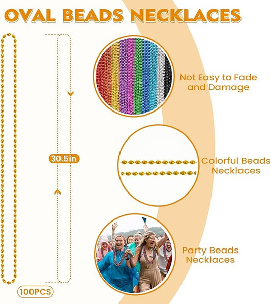 SHAOQINLIN 100 PCS Mardi Gras Beads, 10 Colors Party Beads 30.5 Inch Colorful Oval Beaded Necklaces for Mardi Gras, St. Patrick's Day, Christmas, Carnival Party