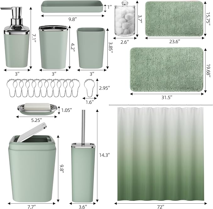 Sage Green Bathroom Set - 24PC Bathroom Sets with Shower Curtain and Rugs, Sage Green Bathroom Accessories Set with Press-on Lid Bathroom Trash Can, Soap Dispenser