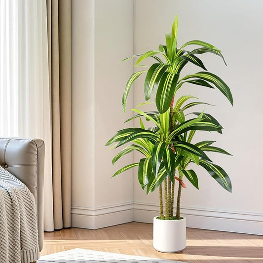 Artificial Dracaena Fake Tree 4FT, White High Pot Artificial Plants Indoor&Outdoor, Fake Plants for Office/Home/Living Room Potted Decoration, 4ft