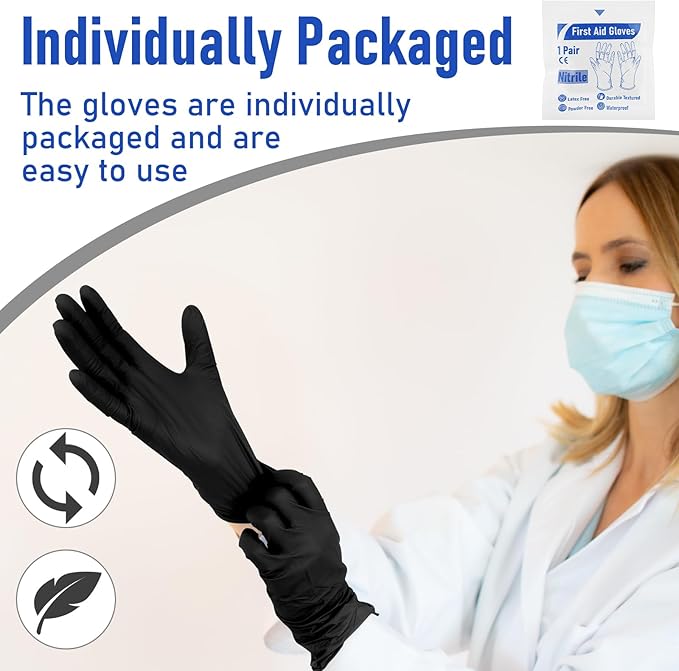 50 Pairs Disposable Emergency Glove Individually Packaged Travel Gloves Travel Trauma Essential Nitrile Glove (Black)