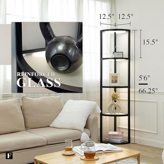 FENLO Corner Floor Lamp with Shelves, Dimmable LED Corner Shelf with Lights, Standing Lamp for Living Room, Shelf Lamp with Full Brightness Control, Color Changing Temps, and Reinforced Glass