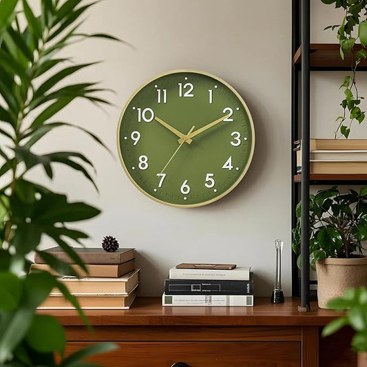 Mosewa Wall Clock 12 Inch, Battery Operated Non-Ticking Analog Clock Decorative for Kitchen, Bedroom, Office, Home(Gold)