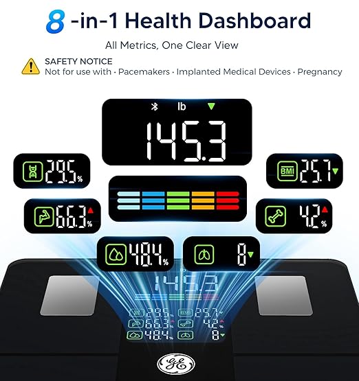 GE Scale for Body Weight, Body Fat, BMI, Muscle Mass, Smart Bathroom Scales with 14 Body Composition Metrics with Large Display, Accurate Bluetooth Weighing Machine with Fitness App, 400 lbs