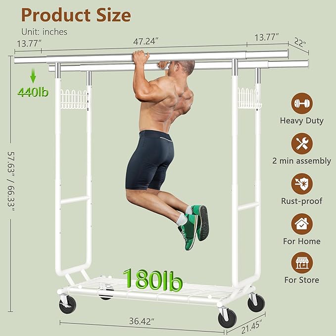 Hoctieon 2-Minute Assembly Double Rod Clothes Rack, Heavy Duty Rolling Clothing Racks with Wheels, Foldable Commercial Garment Rack, Extendable Hanging Bar, Adjustable Metal Pole with Hooks, White