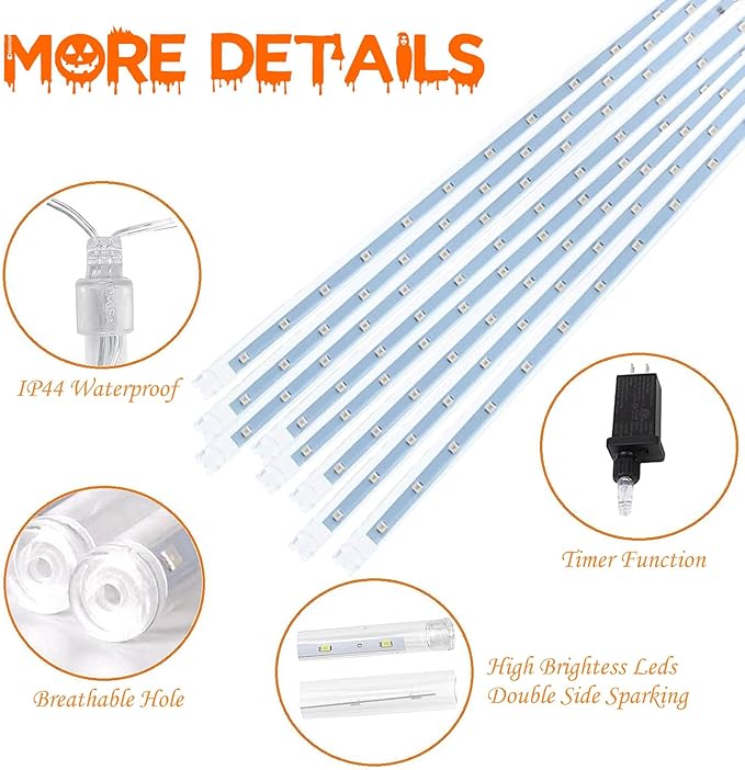 Halloween Lights Outdoor, 2 Pack Extendable Meteor Shower Lights Outdoor Waterproof with Timer, Total 384 LED 30cm 16 Tubes Cascading String Light Plug in for Halloween Yard Party (Orange and Purple)