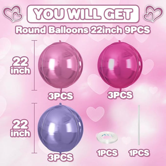 Pink Purple Round Foil Balloons 9 pcs,Metallic Giant 4D Round Balloons 22 Inch for Birthday Baby Shower Wedding Princess Party Decorations