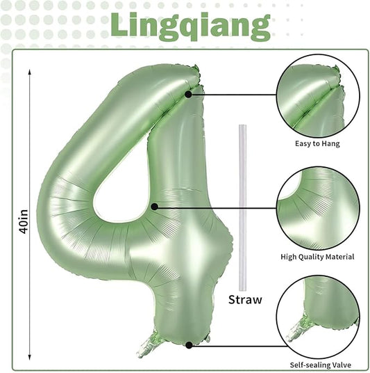 40 Inch Sage Green Foil Balloon Number 4, Large Self Inflating Olive Green Number Balloons 0-9 Helium Balloons Set for Girls Boys 4th Birthday Women Anniversary Jungle Safari Party Decoration Supplies