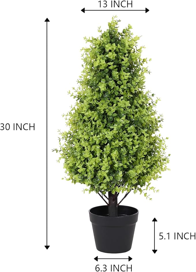 30" Tall Artificial Boxwood Topiary Trees, Set of 2 – UV Resistant Faux Evergreen Shrubs and Bushes for Outdoor Planters, Realistic Fake Plants for Front Porch Outside Patio Garden