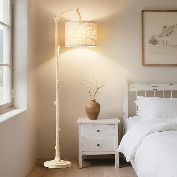 Floor Lamp for Living Room - 69" Rustic Farmhouse Tall Lamp with 3 Color Temperatures- Country Resin Vintage Reading Light Standing Lamps for Bedroom Office Classroom Home Decor, Almond White