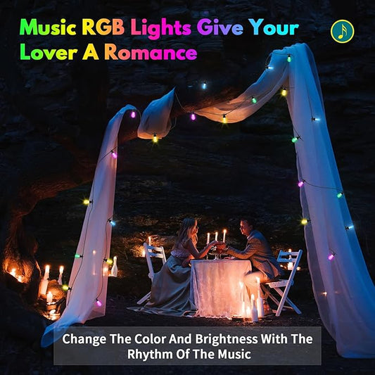 50ft Outdoor String Lights Color Changing - Patio Lights Outdoor Waterproof with 20 Dimmable RGBW Bulbs, Shatterproof, Music Mode, Connectable, Remote & App Control for Halloween, Christmas