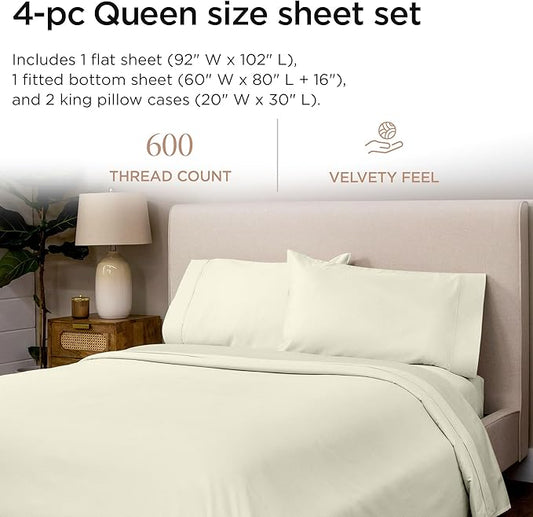 Threadmill 100% Cotton Sheets for Queen Size Bed - 600 Thread Count Queen Bed Sheets Set with 16” Deep Pocket - Sateen Weave 4-Piece Bedding Set with Cooling Effect, Ivory