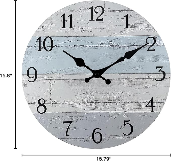Plumeet Extra Large Wall Clock, 16'' Frameless Wooden Wall Clocks with Silent Quartz Movement, Rustic Coastal Country Village Clocks Decorative for Kitchen Bedroom Living Room