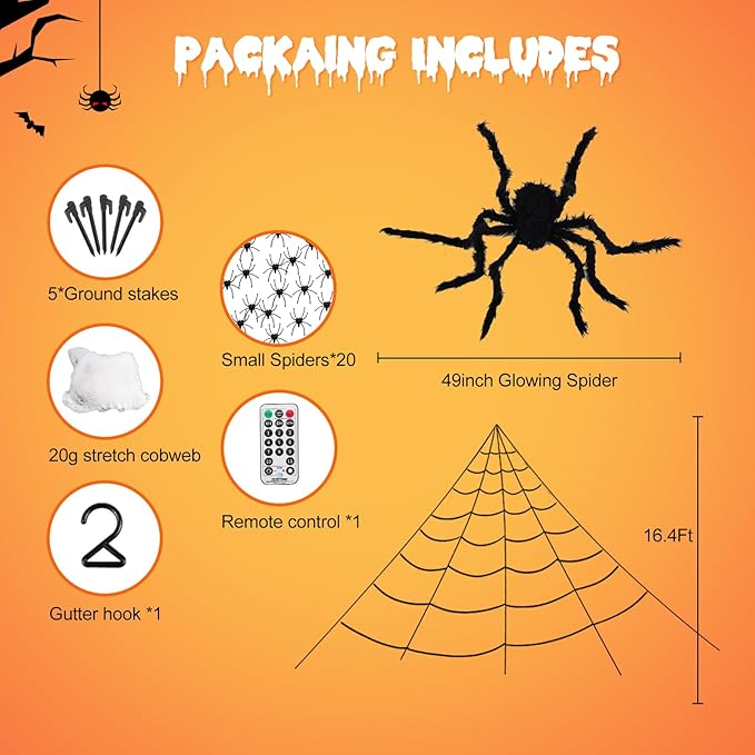 Upgrade 3 Colors Purple/Orange/Pink/Spiders Web Lights,with Single Color Always ON,11 Modes 16.4Ft 200 LED Super Bright Halloween Decorations Lights with Remote Control,49'' Giant Glowing Spider