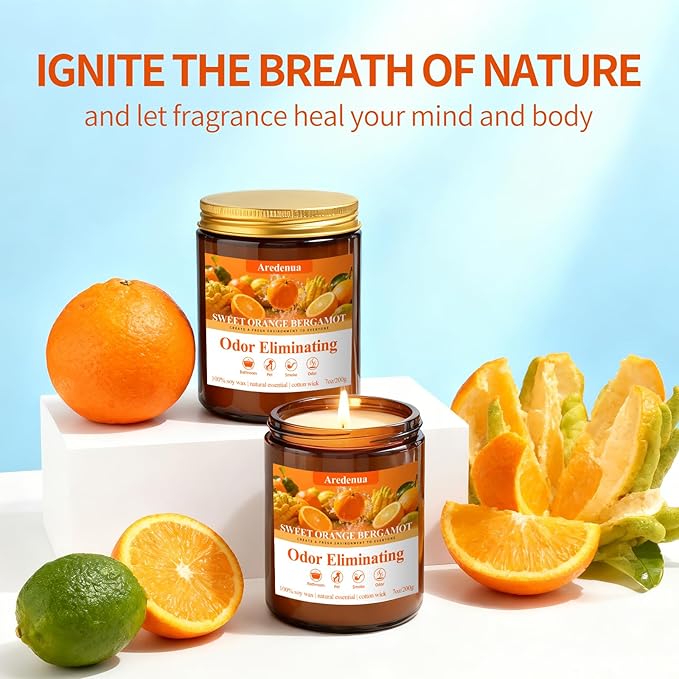 Sweet Orange Bergamot Odor Eliminating Candles | Eliminates 95% of Pet, Smoke & Bathroom Odors β 7oz Hand Poured Non-Toxic Soy Candle - Air Freshing Scented Candle Gifts for Positive & Relaxation