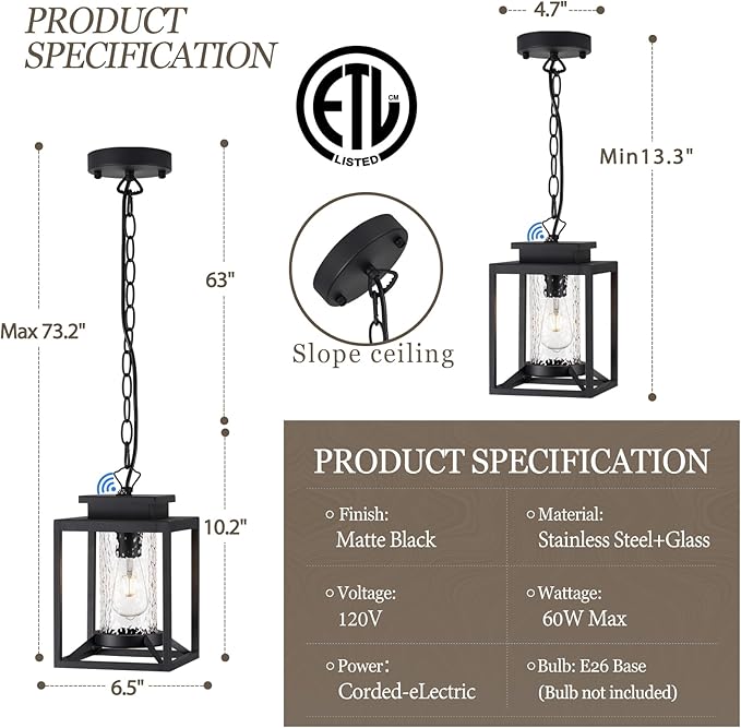 Outdoor Pendant Lights, Dusk to Dawn Modern Outdoor Porch Chandelier Lantern with Sensor, Black Exterior Hanging Porch Light with Hammered Glass, Adjustable Long Chain, OS-KY1001