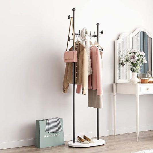 Black Clothing Rack With Shelves, Modern Coat Rack Freestanding with Marble Base, Hat Tree Coat Rack Standing Clothes Racks for Boutique,Bedroom