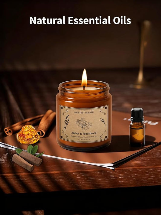 Scented Candles, 16oz Large Jar Soy Wax Candle – Amber & Sandalwood with Premium Plant Wax Blend for Consistent Burn, Aromatherapy Candle for Home Scented, Relaxation and Gift for Women/Men