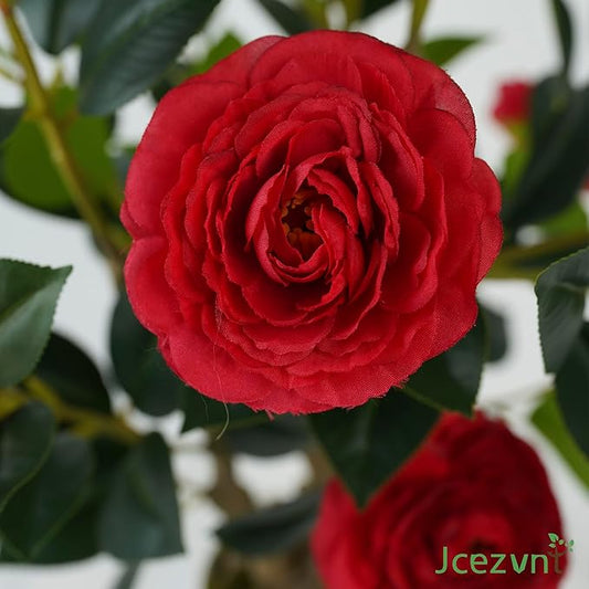 2 Pack Artificial Camellia Tree with White Pot, 38" Faux Potted Plants for Indoor Outdoor Decor, Tall Silk Greenery Plant for Home Office Living Room Balcony, Red