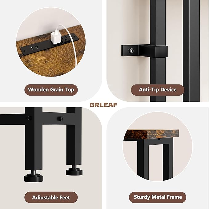 GRLEAF 63" Narrow Console Sofa Table with Built-in Power Strip (2 AC Outlets & 2 USB Ports) – 4.9ft Power Cord, Metal Frame, Easy Assembly, Ideal for Behind Couch, Hallway, and Office | Rustic Brown