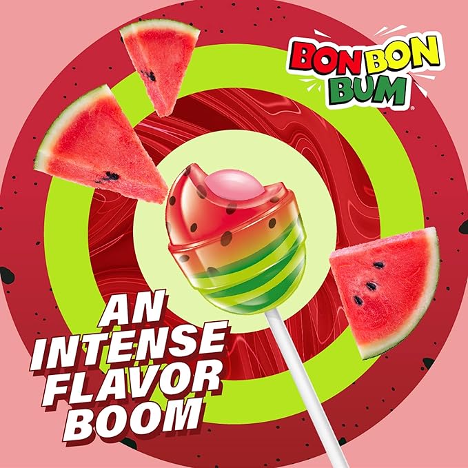 Colombina Bon Bon Bum Lollipops w/Bubble Gum Center, Watermelon Flavor, Individually Wrapped, Ideal for Party Favors and Gifts, 2 Pack (24 Count)