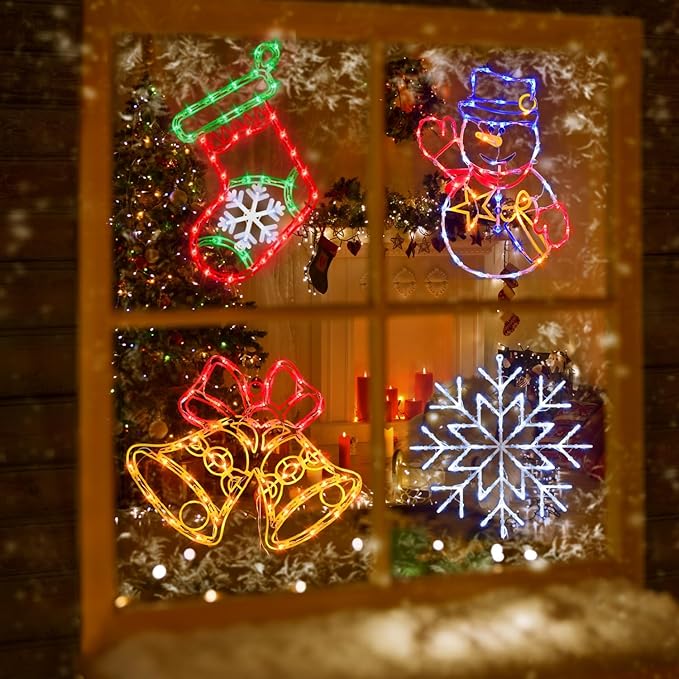 16" Christmas Window Silhouette Lights Decorations - 4 Pack Colour Lighted Snowman & Christmas Stocking & Bell& Snowflake for Holiday Wall Door Window Decorate
