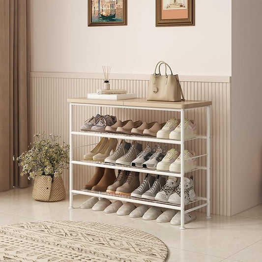 Shoe Rack Organizer 4 Tier for Closet Entryway Free Standing Metal Storage Shoe Shelf with MDF Top Board,White+Oak