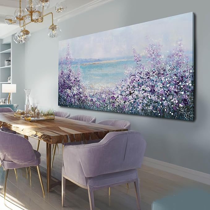 GAIDUOMAI Large Landscape Wall Art for Living Room Purple Flowers Pictures Wall Decor Blue Coastal Canvas Prints Modern Artwork for Bedroom Dining Room 29x58 Inch