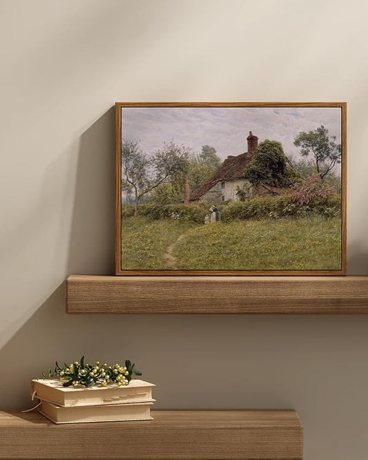 InSimSea Framed Canvas Wall Art Vintage Decor, Landscape Art Prints, Old Cottages Countryside Paintings Wall Decor, Rustic Farmhouse Picture for Bedroom Living Room Bathroom, 12"x16"
