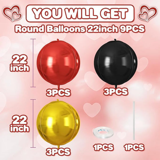 Red Black Gold Round Foil Balloons 9 pcs,Metallic Giant 4D Round Balloons 22 Inch for Wedding Graduation Anniversary Baby Shower Birthday Party Decorations