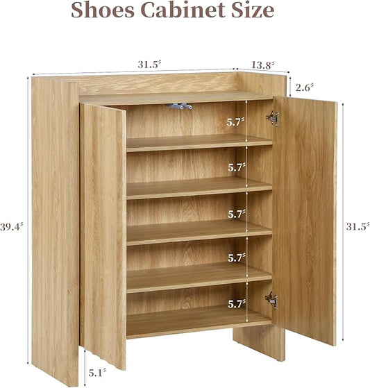Fluted Shoe Cabinet, 5-Tier Shoe Storage Cabinet with Doors,Freestanding Hidden Shoe Cabinet Organizer, Narrow Shoes Storage Rack for Entryway (Natural)