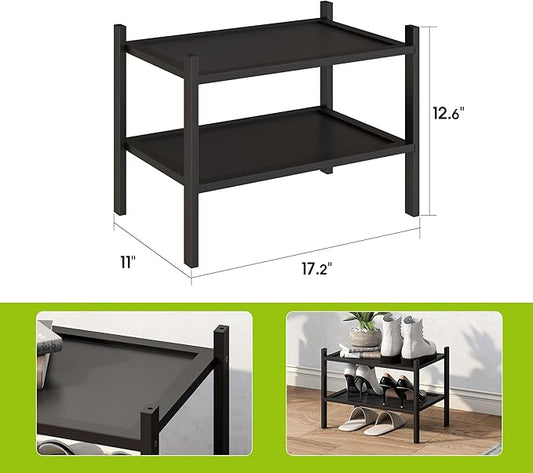 BMOSU 2-Tier Bamboo Small Shoe Rack Premium Stackable Shoe Shelf Storage Organizer for Hallway Closet Living Room Entryway Organizer(Black)