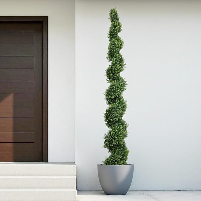 THE BLOOM TIMES 7ft Spiral Artificial Topiary Trees Set of 2, 82 inch Faux Cedar Trees for Outdoor Planters - Fake Twist Cypress Plants for Garden Front Porch Indoor Outside Christmas Decor 7 Foot