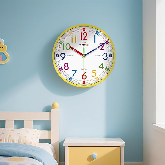 VIKMARI Learning Clock for Kids - Small Silent Non-Ticking Colorful Teaching Clocks Telling The Time for Teaching Time-Decorative Clocks for Kids Room Classroom School Playroom (8 Inch)