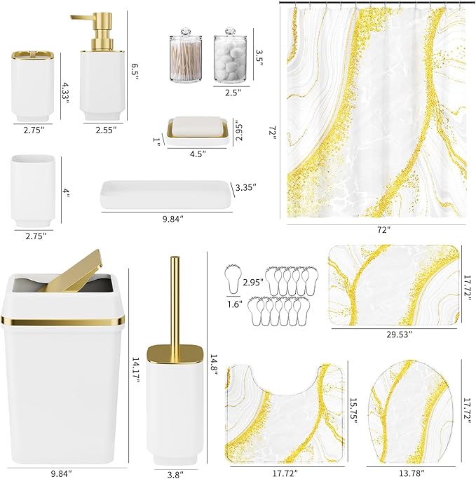 25PCS Bathroom Accessory Set, White Bathroom Set with Large-Capacity 4 Gallon Trash Can,Bathroom Rugs Set, Waterproof Shower Curtain, Toilet Brush, Toothbrush Holder & Soap Dispenser