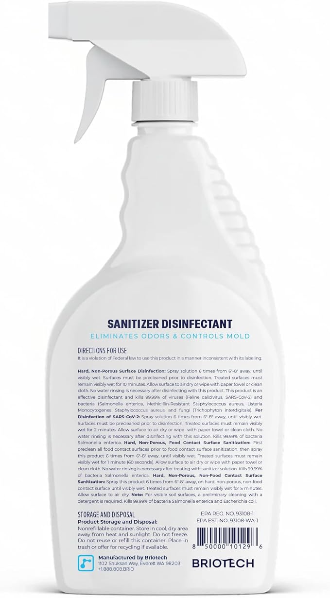 BRIOTECH Sanitizer Disinfectant Hypochlorous Spray, Kills 99.99% of Viruses & Bacteria, Eliminates Odor, Gentle for Nurseries & Play Rooms, Rinse Free Surface Sanitizer, 32 fl oz (Pack of 2)