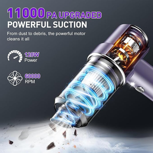 KMM Handheld Car Vacuum Cleaner, 11000PA Vacuum Cleaner & Air Duster, 120W High Power Vacuum Portable Cordless, Hand Held Vacuum Rechargeable with Multi-Nozzles & LED Light for Home, Car, Office