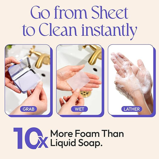 FOMIN - Antibacterial Paper Soap Sheets Tin for Traveling - (100 Sheets) Lavender Portable Travel Hand Soap Sheet, Dissolvable Mini Camping Hand Soap for Hand Washing