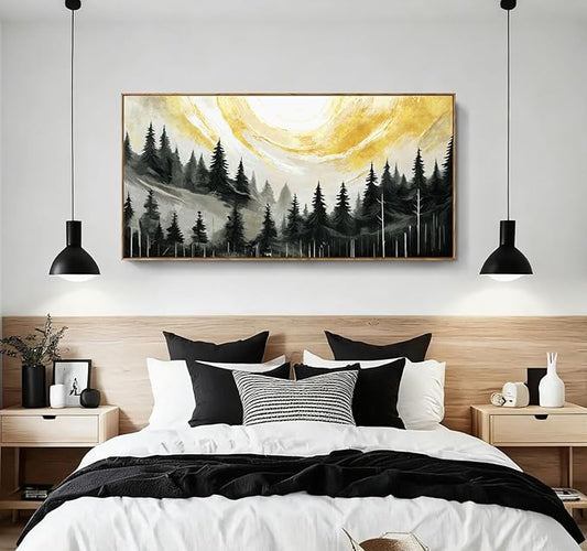 ARTZON Large Framed Canvas Art Wall Decor for Living Room Modern Black Yellow Gray Tree Picture Nature Lanscape Sunset Scenery Pin Forest Horizontal Artwork for Walls Home Living Room Bedroom 48"x24"