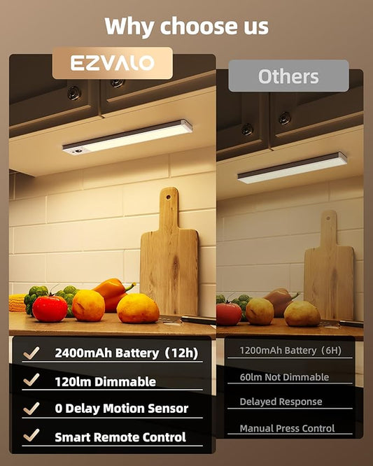 EZVALO 3 Pack Under Cabinet Lighting, Rechargeable Motion Sensor Light, LED Closet Lights Wireless, 3500K Dimmable, Timer, Magnetic, with Remote Control for Kitchen, Closet, Stair