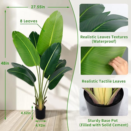 Artificial Bird of Paradise Plant 4Ft Fake Tropical Palm Tree with 8Trunks Faux Banana Leaf Trees in Pot for Home Indoor Outdoor Office Modern Decor Housewarming Gift(1Pcs)