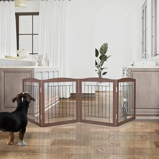 ZJSF Freestanding Foldable Dog Gate for House Extra Wide Wooden Brown Puppy Gate Stairs Dog Gates Doorways Tall Pet Gate 24 "Height 3 Panels Pet Fence