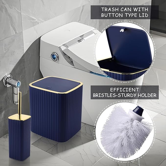 Bathroom Set with Shower Curtain and Rugs- 25PC Blue Bathroom Accessory Set, Navy Blue Shower Curtain Set, Toilet Brush, Trash Can, Qtip Holder Dispenser & Soap Dispenser