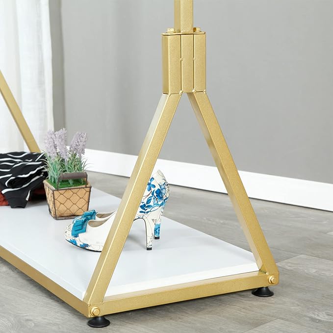 Modern Simple Heavy Duty Metal and Wood Rolling Clothing Garment Rack with Wheel,Creative Commercial Wedding Dress Display Shelf,Floor-Standing Clothes Hangers (Gold with Wood, 47.2" L)